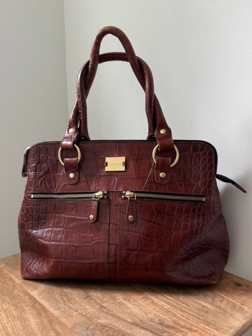 MODALU London Pippa Crocodile Embossed Leather Satchel Tote Bag Brown Gold